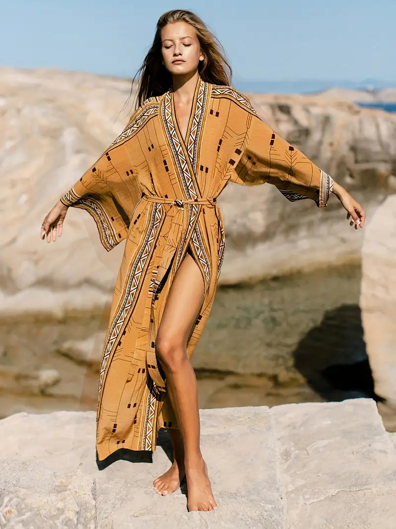 Boho-Kimono in Übergröße mit verstellbarem Gürtel