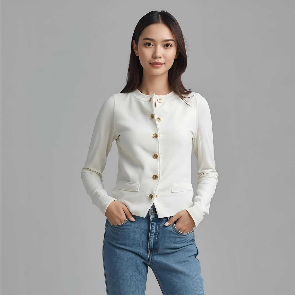 BIANCAEL | Stilvolles weißes Freizeit-Gilet mit goldenen Akzenten