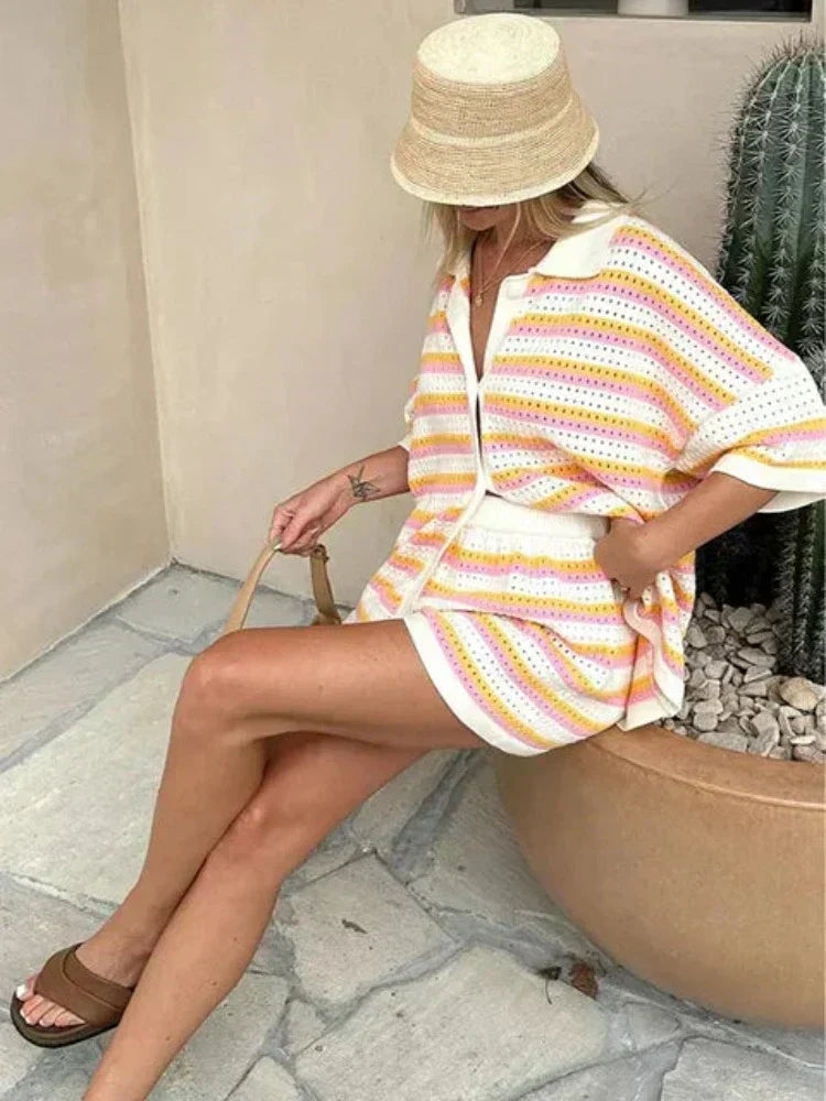 Damen Strickset Zweiteilig mit Streifen und Kontrastdetails