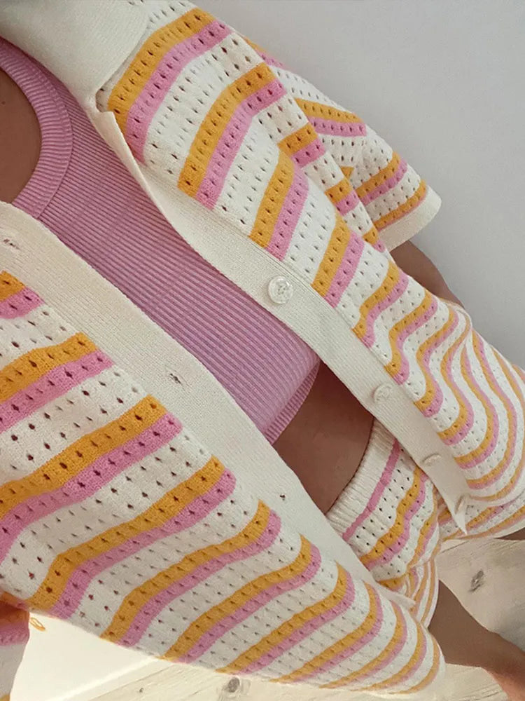 Damen Strickset Zweiteilig mit Streifen und Kontrastdetails