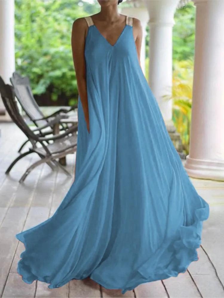 Chloë - Ärmelloses Maxi-Boho-Sommerkleid für Damen mit V-Ausschnitt, Einfarbig und Weit
