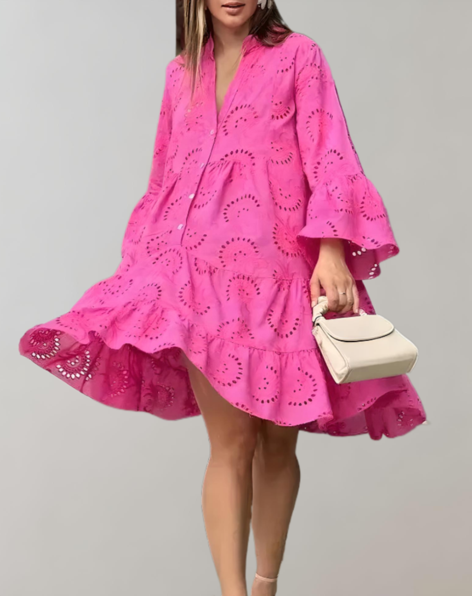 Beiges Komfortkleid mit weiten Ärmeln und V-Ausschnitt für einen lässigen Look