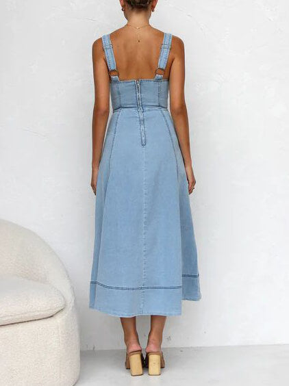 Casual Denim Midi Dress with Buttons and Straps