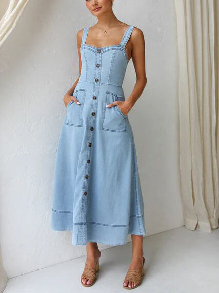 Casual Denim Midi Dress with Buttons and Straps