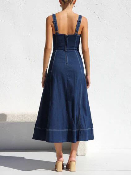 Casual Denim Midi Dress with Buttons and Straps