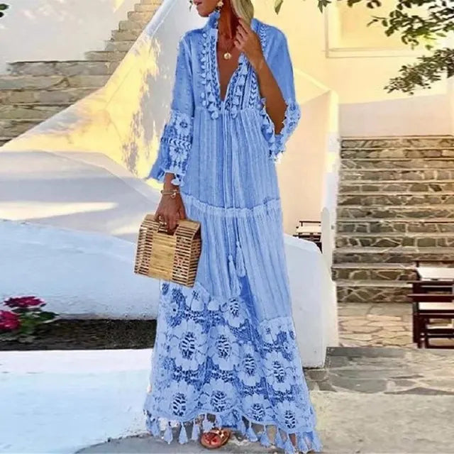 Bohemian Maxi Dress with Lace and Fringe