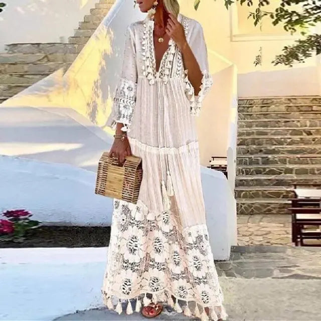 Bohemian Maxi Dress with Lace and Fringe