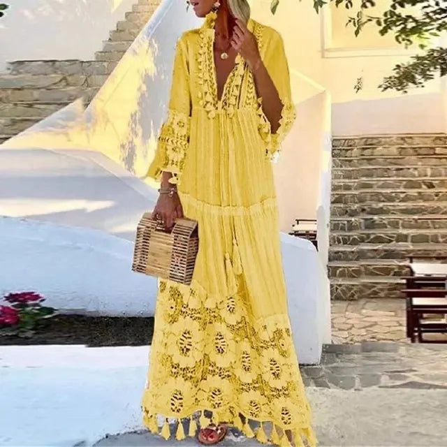 Bohemian Maxi Dress with Lace and Fringe