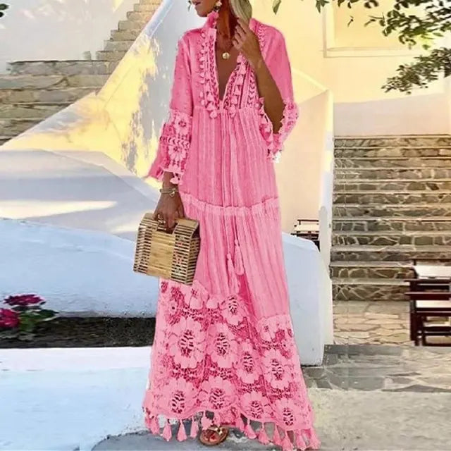 Bohemian Maxi Dress with Lace and Fringe
